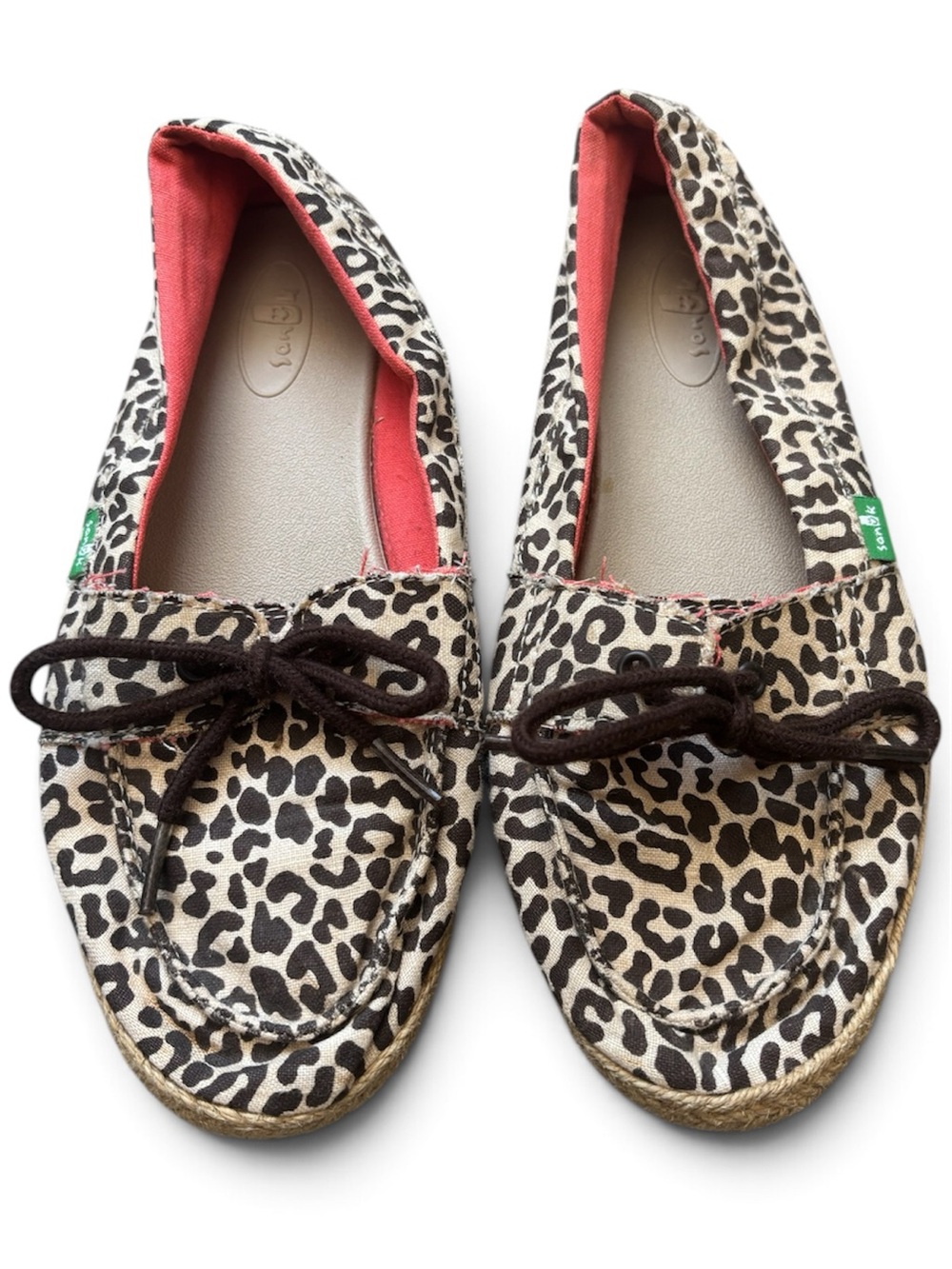Sanuk Leopard Print Loafers with Brown Lace Detail — Size 8